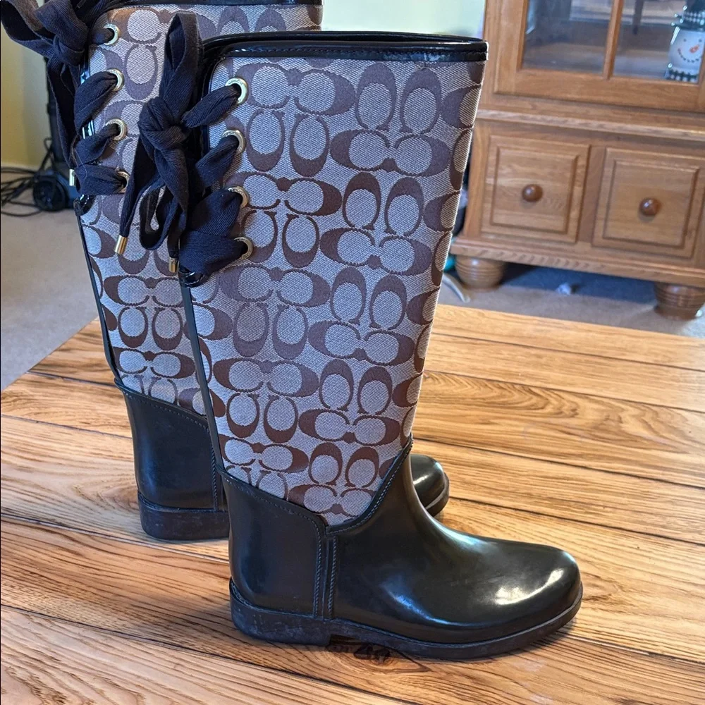 Coach Black and Brown Patterned Rain Boots - Picture 4 of 9